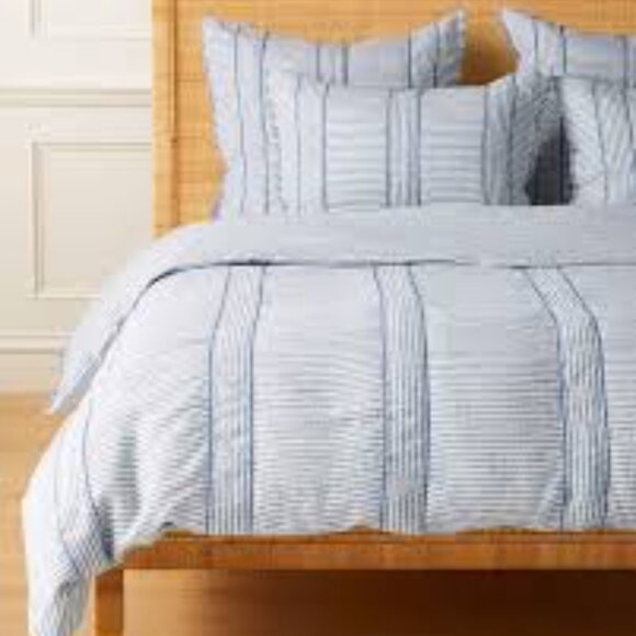 Serena & Lily Stone Harbor Linen Duvet Cover Full/Queen Blue Ticking Stripes - Picture 1 of 12